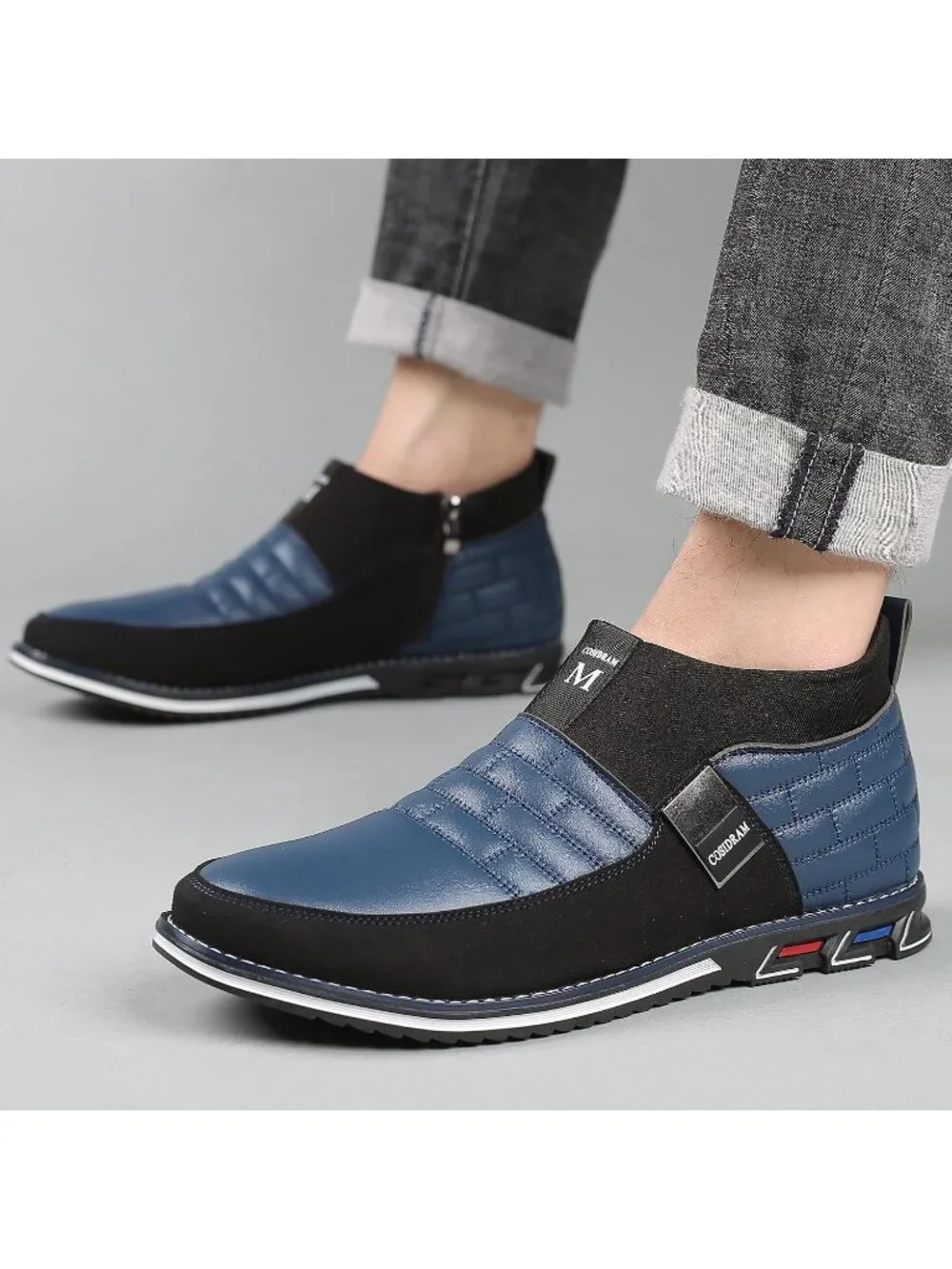 Men's Black & Blue Grid Textured Two-tone Flexible Derby Oxfords Dress Sneakers